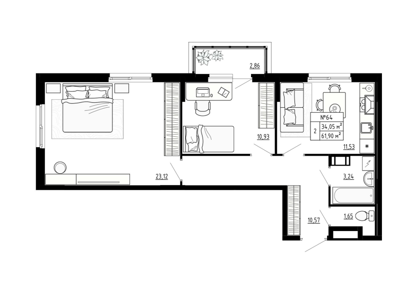 2-комнатная квартира, 61.9 м² в ЖК "Аннино Сити" - планировка, фото №1