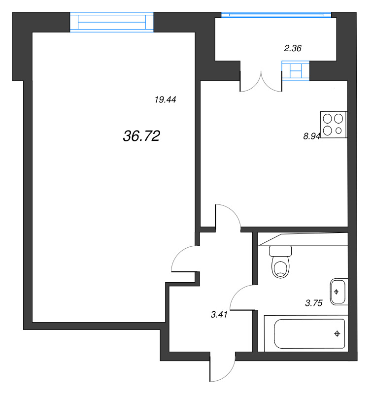 1-комнатная квартира, 36.72 м² в ЖК "Арт Парк" - планировка, фото №1