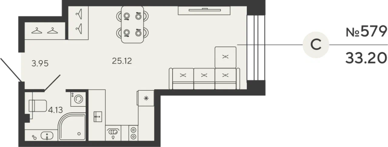 Квартира-студия, 33.2 м² в ЖК "Bashni Element" - планировка, фото №1