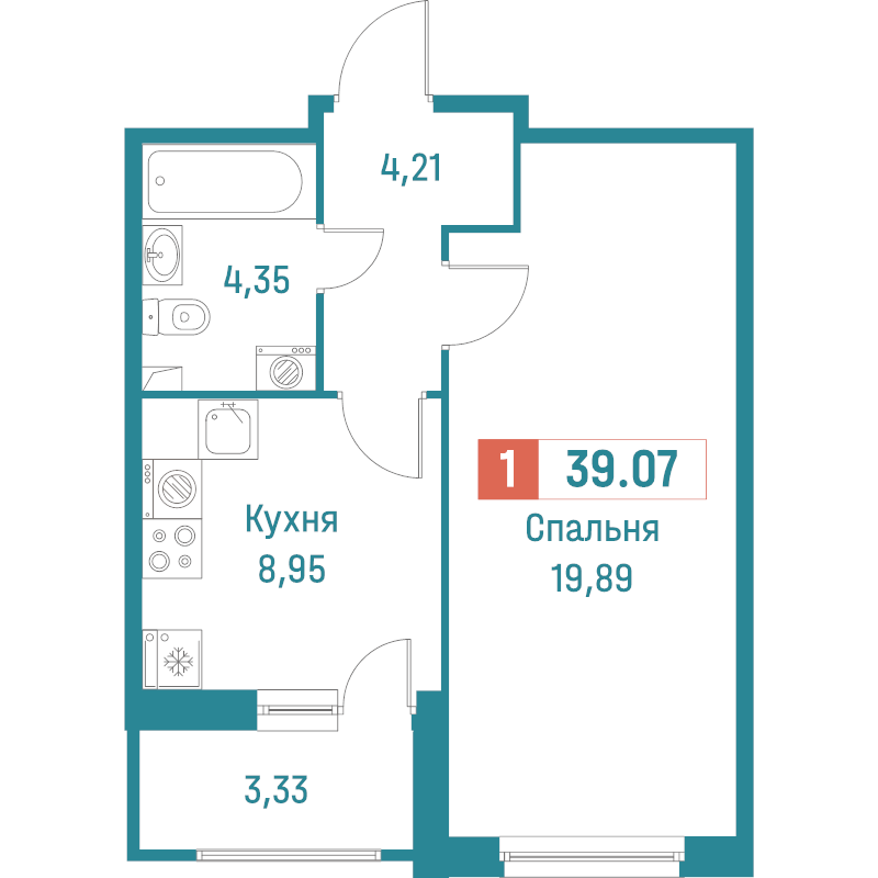 1-комнатная квартира, 39.07 м² в ЖК "Графика" - планировка, фото №1