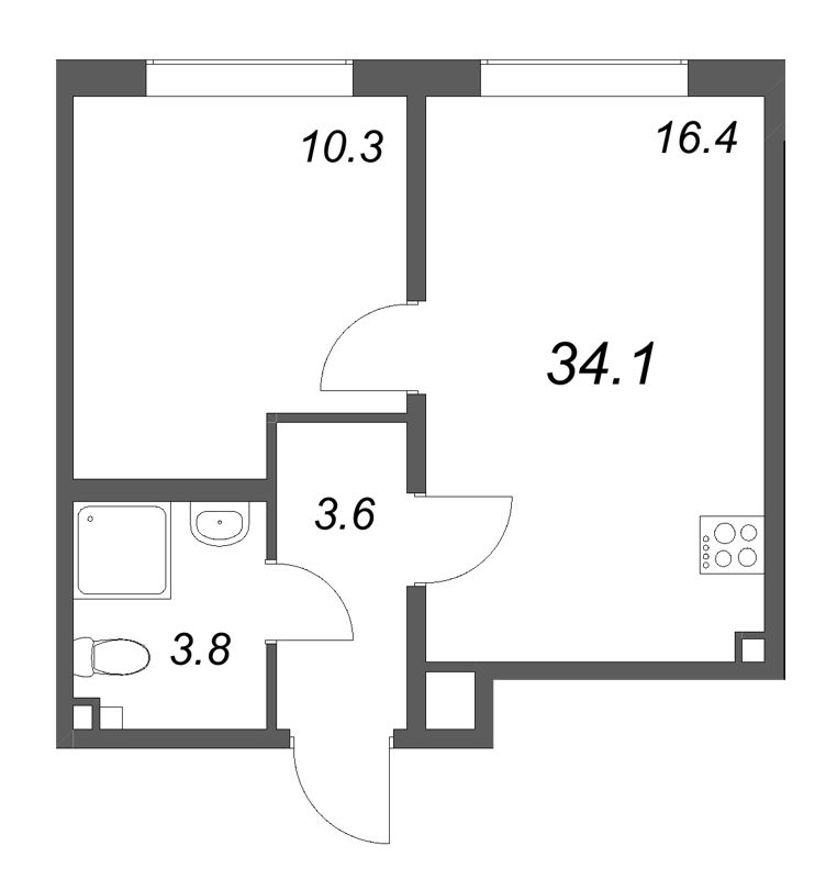 2-комнатная (Евро) квартира, 34.1 м² в ЖК "Пулково Lake" - планировка, фото №1