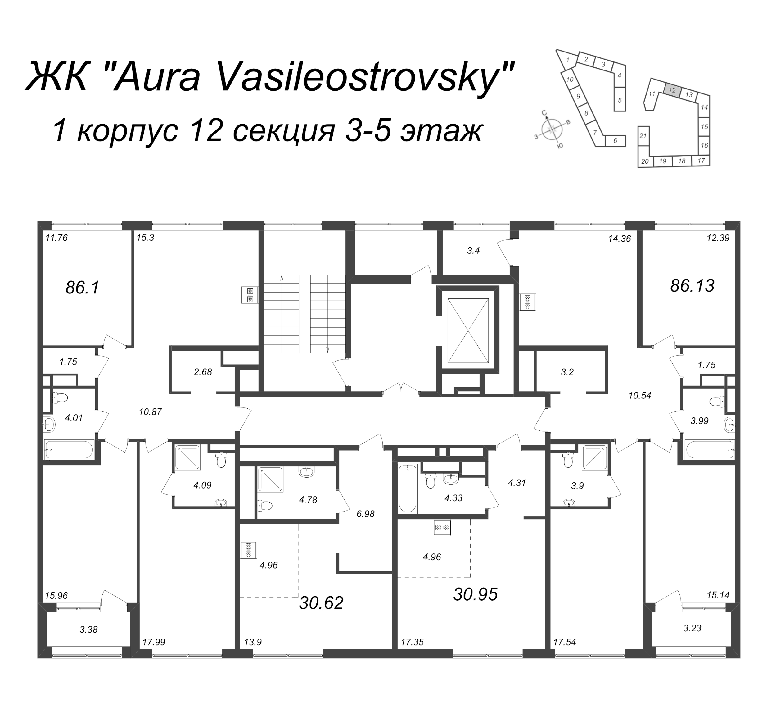 Квартира-студия, 30.95 м² в ЖК "GloraX Premium Василеостровский" - планировка этажа