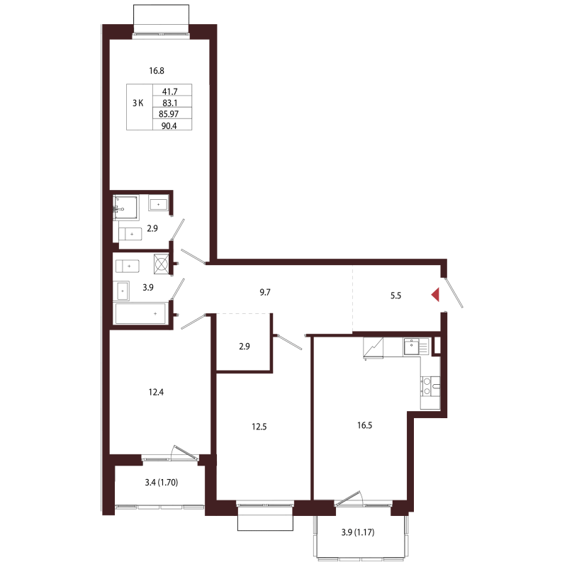 4-комнатная (Евро) квартира, 85.97 м² в ЖК "Лисино" - планировка, фото №1
