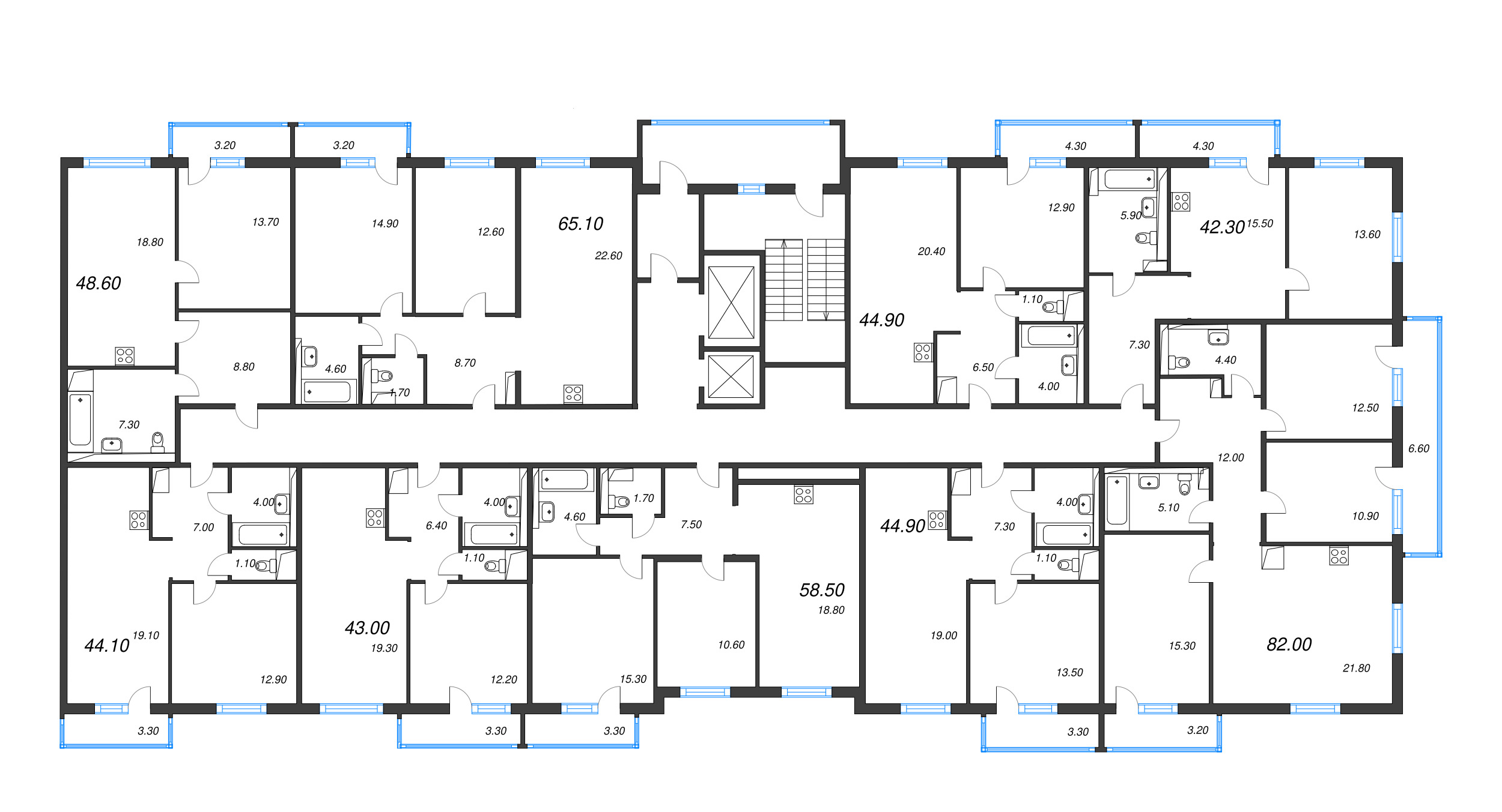 2-комнатная (Евро) квартира, 44.9 м² в ЖК "Руднева 15" - планировка этажа