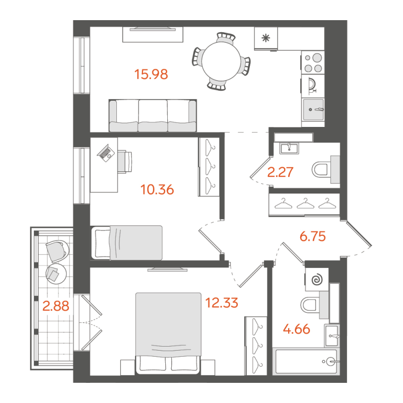 3-комнатная (Евро) квартира, 53.04 м² в ЖК "STAVNI Обводный" - планировка, фото №1