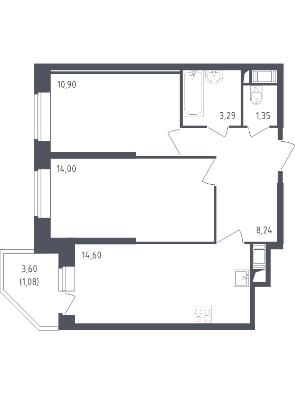 2-комнатная квартира, 53.46 м² - планировка, фото №1