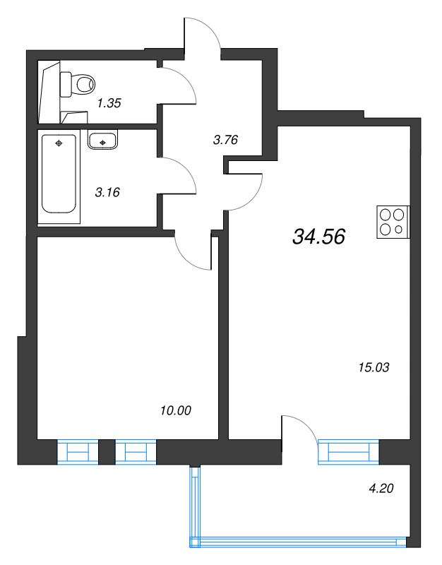 2-комнатная (Евро) квартира, 34.56 м² в ЖК "Аэросити" - планировка, фото №1