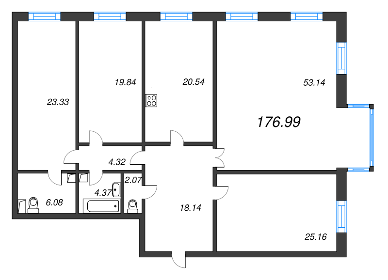 5-комнатная (Евро) квартира, 176.7 м² - планировка, фото №1