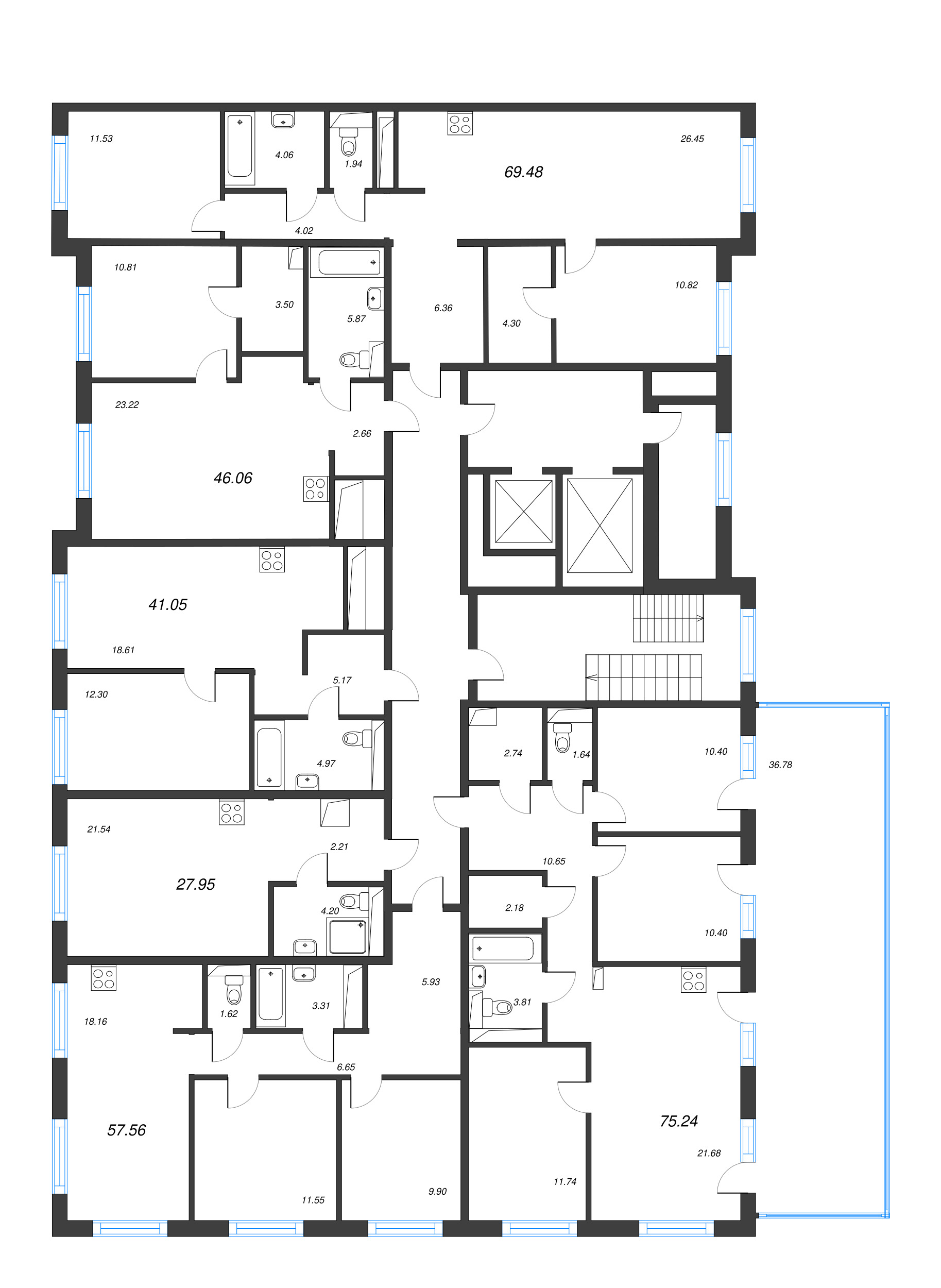 3-комнатная (Евро) квартира, 57.56 м² в ЖК "Legenda Васильевского" - планировка этажа