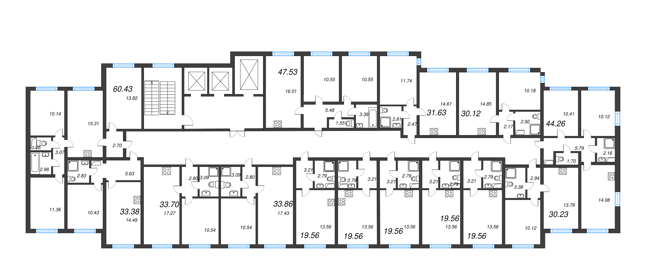 2-комнатная квартира, 44.26 м² в ЖК "Ручьи" - планировка этажа