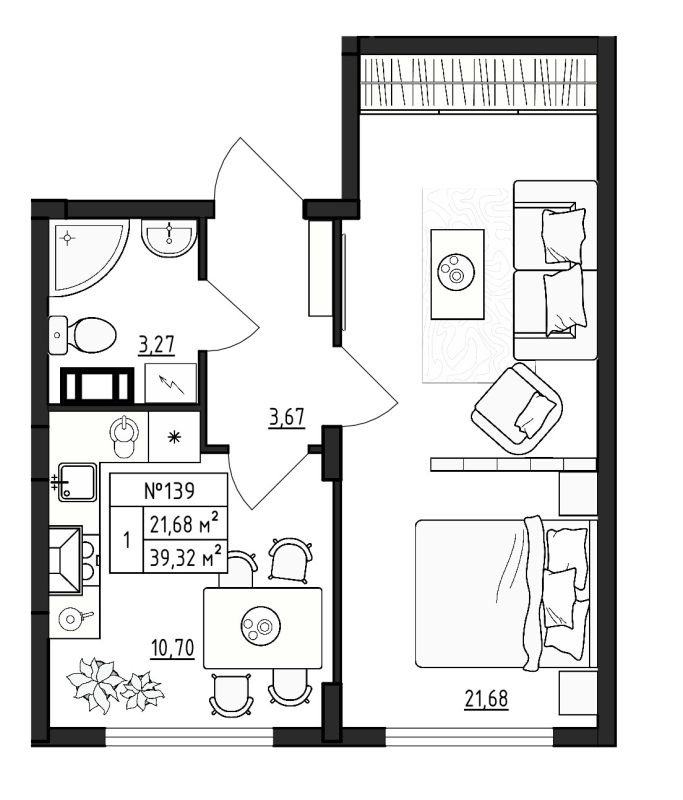 1-комнатная квартира, 39.32 м² в ЖК "Верево Сити" - планировка, фото №1