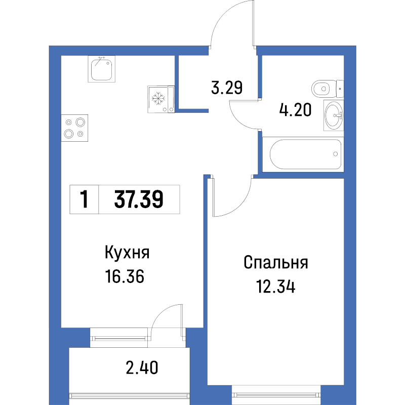 2-комнатная (Евро) квартира, 37.39 м² в ЖК "Урбанист" - планировка, фото №1