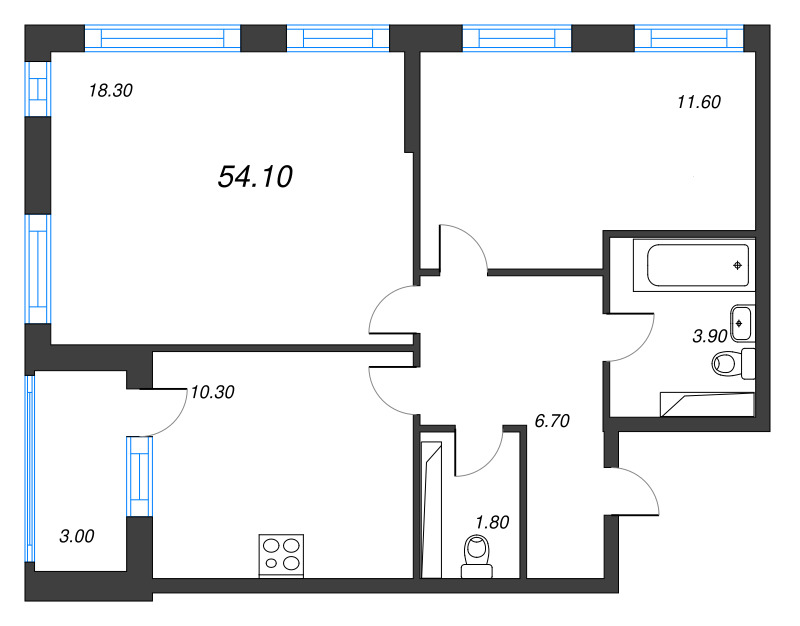 2-комнатная квартира, 54.1 м² - планировка, фото №1