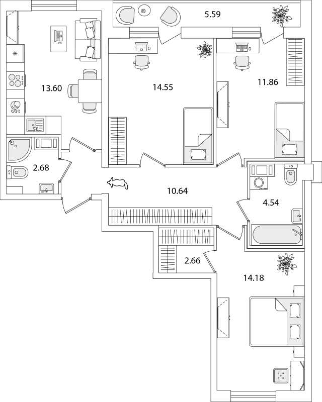 3-комнатная квартира, 77.51 м² - планировка, фото №1