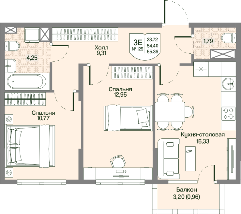 3-комнатная (Евро) квартира, 55.36 м² в ЖК "Охтинские высоты" - планировка, фото №1