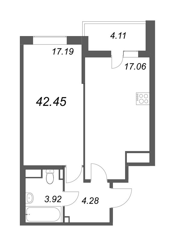 2-комнатная (Евро) квартира, 46.56 м² - планировка, фото №1