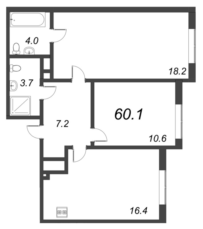 3-комнатная (Евро) квартира, 60.1 м² - планировка, фото №1