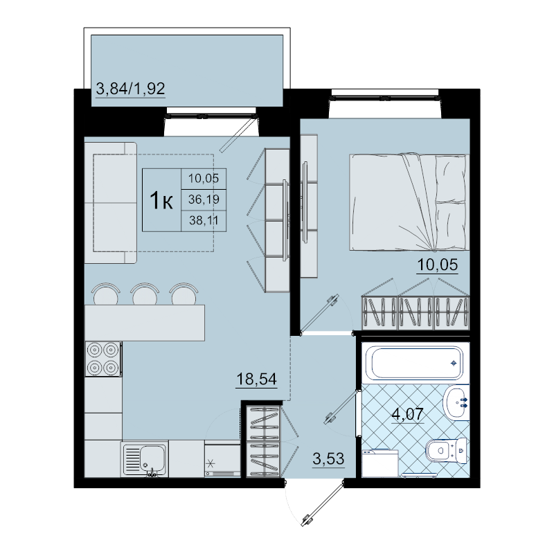 2-комнатная (Евро) квартира, 38.1 м² в ЖК "Северный меридиан" - планировка, фото №1