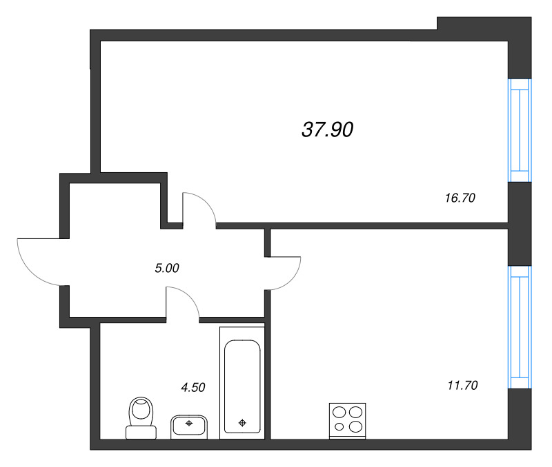 1-комнатная квартира, 37.9 м² в ЖК "Ягодное Река Парк" - планировка, фото №1