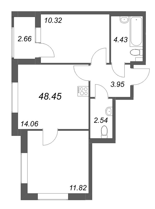 2-комнатная квартира, 48.45 м² в ЖК "Гранат" - планировка, фото №1