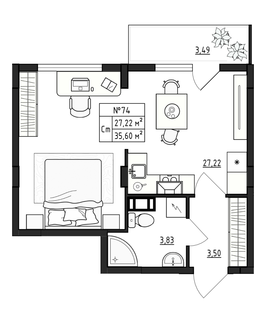 Квартира-студия, 35.6 м² в ЖК "Верево Сити" - планировка, фото №1