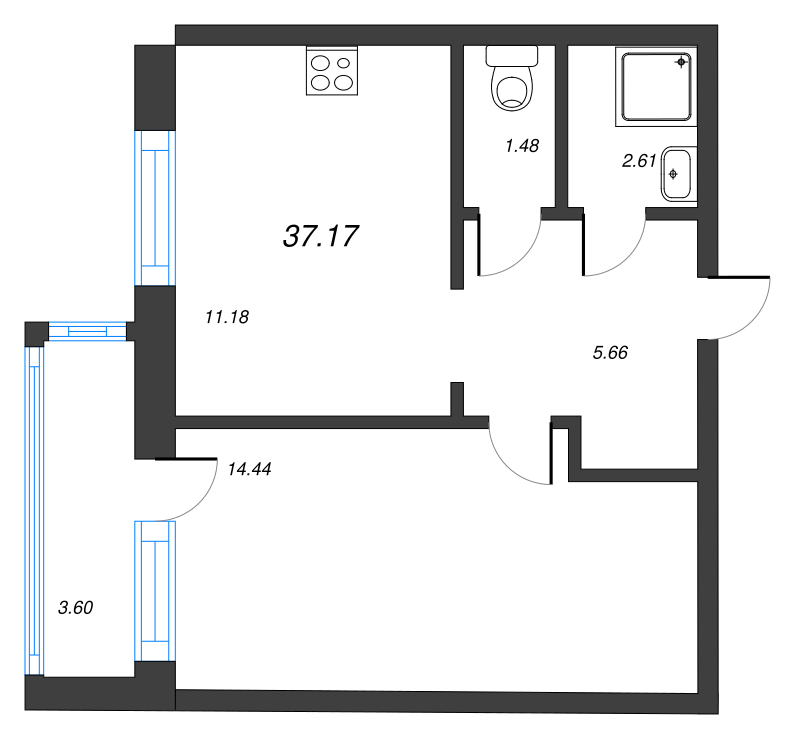 1-комнатная квартира, 37.17 м² - планировка, фото №1