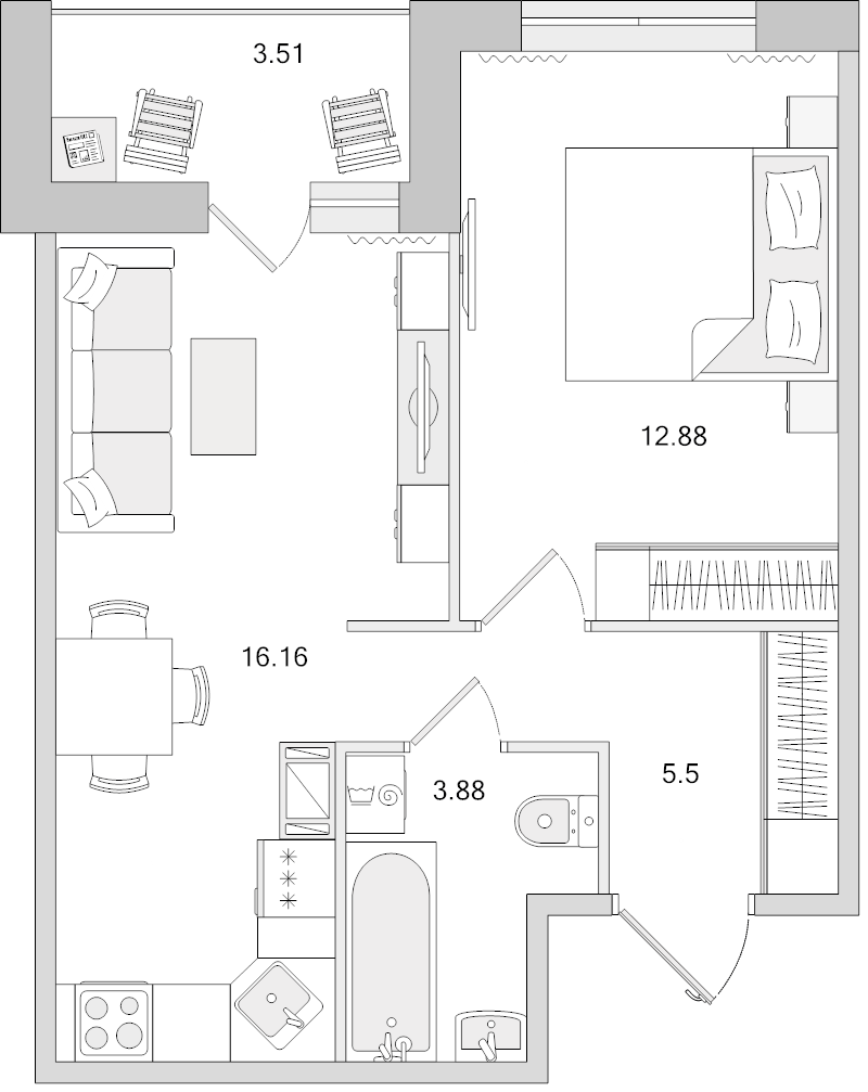 2-комнатная (Евро) квартира, 41.93 м² в ЖК "Dreamline" - планировка, фото №1