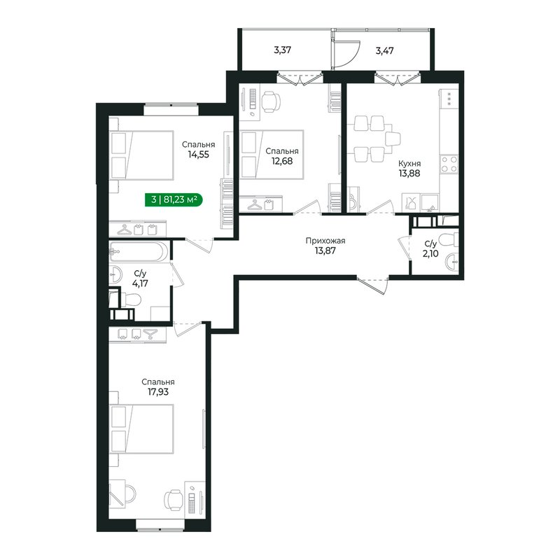 3-комнатная квартира, 79 м² в ЖК "Сертолово Парк" - планировка, фото №1