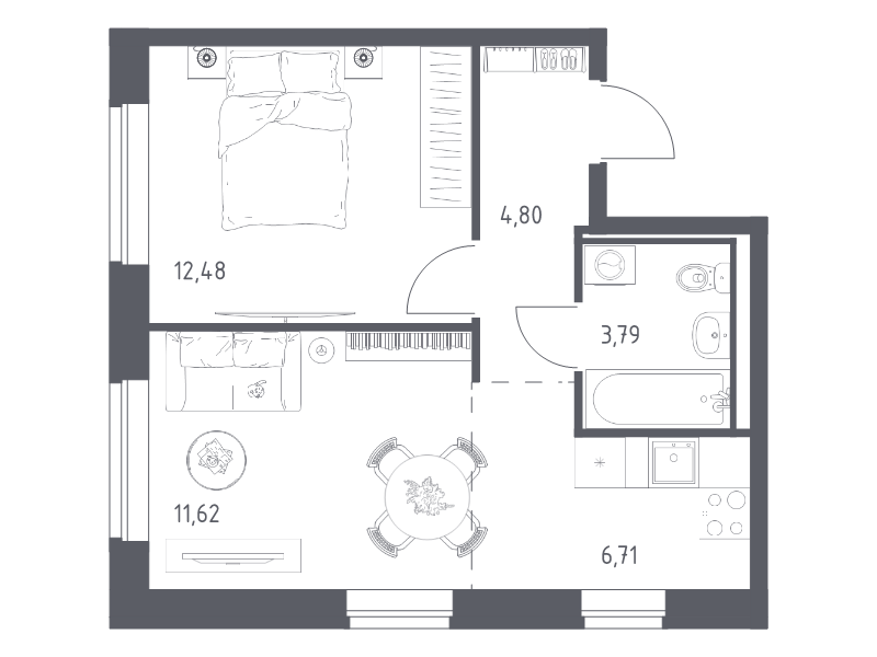 2-комнатная (Евро) квартира, 39.4 м² в ЖК "Живи! В Рыбацком" - планировка, фото №1