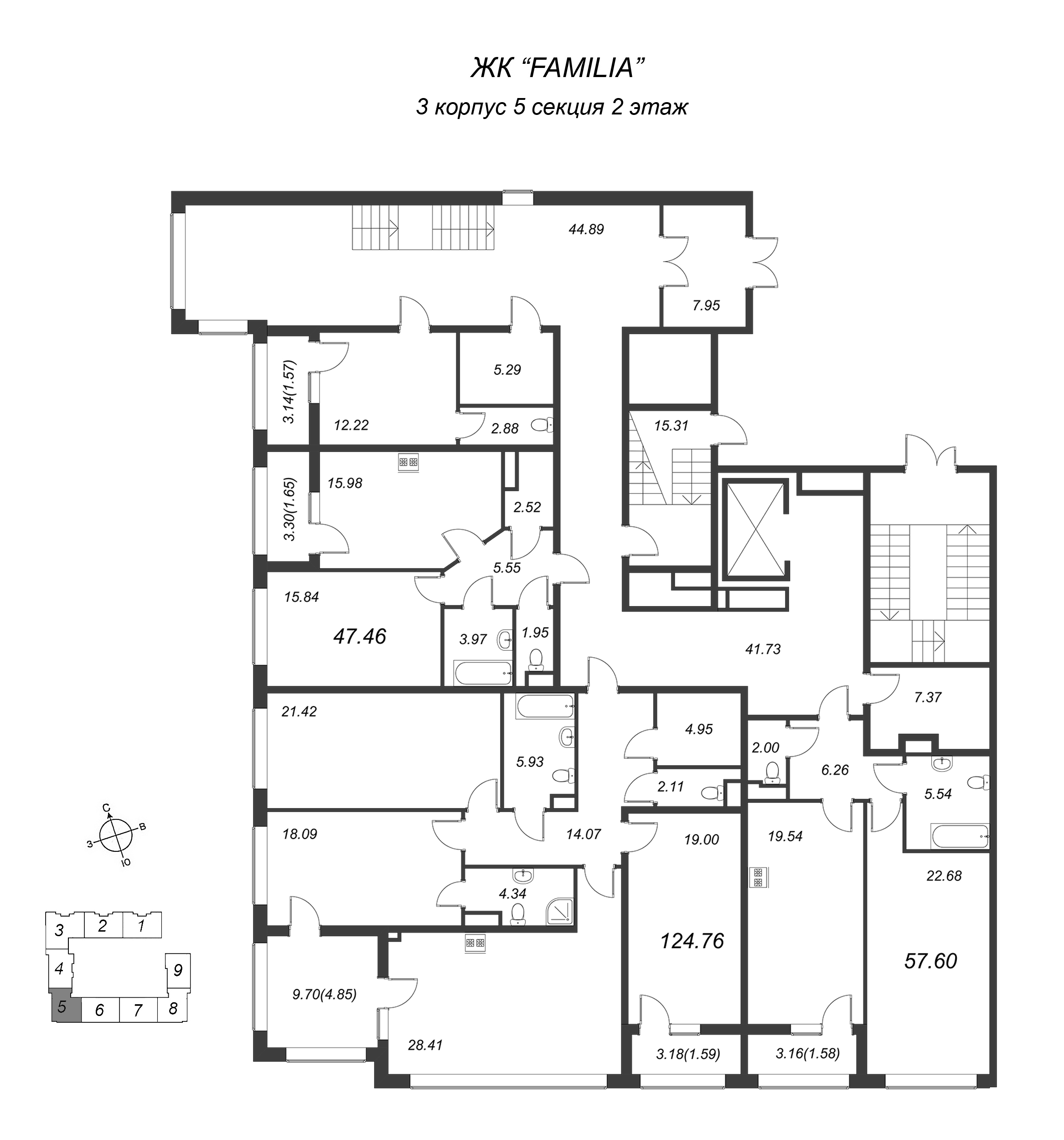 4-комнатная (Евро) квартира, 125.1 м² в ЖК "FAMILIA" - планировка этажа