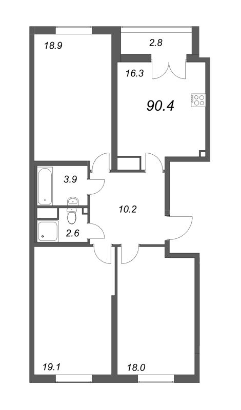 4-комнатная (Евро) квартира, 89.4 м² в ЖК "Цивилизация на неве" - планировка, фото №1