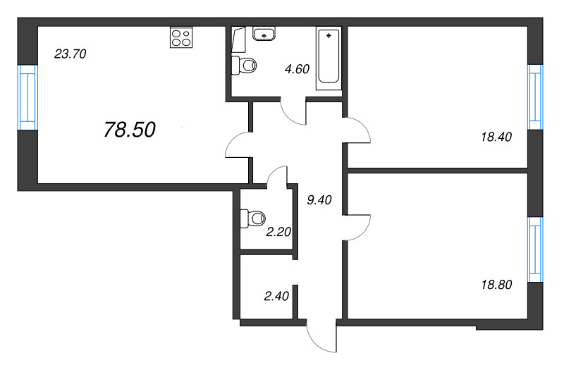 3-комнатная (Евро) квартира, 78.2 м² в ЖК "Neva Haus" - планировка, фото №1