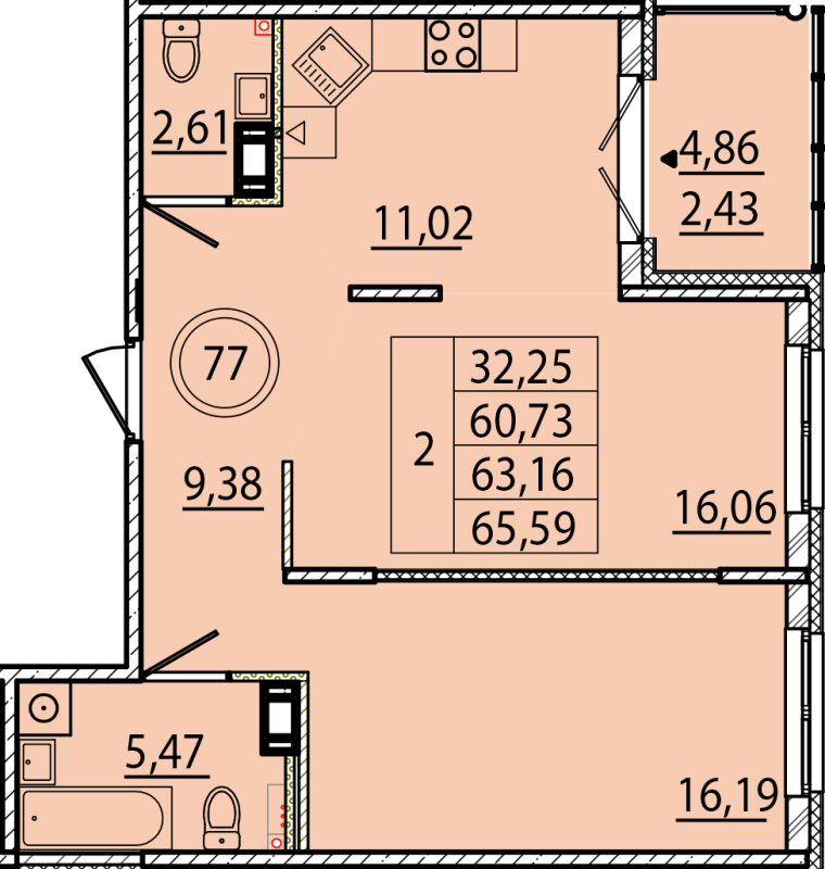 2-комнатная квартира, 60.73 м² - планировка, фото №1
