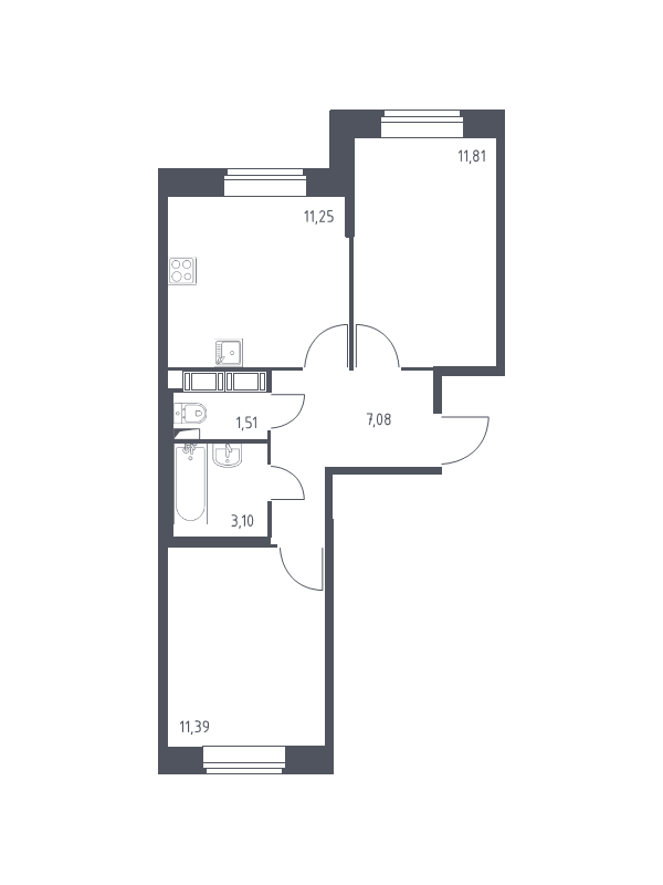 2-комнатная квартира, 46.14 м² - планировка, фото №1
