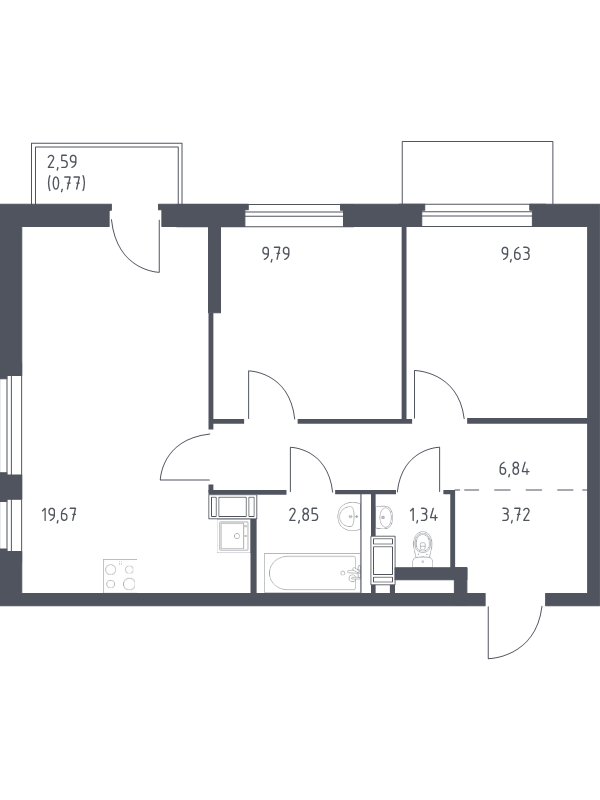 3-комнатная (Евро) квартира, 54.61 м² - планировка, фото №1
