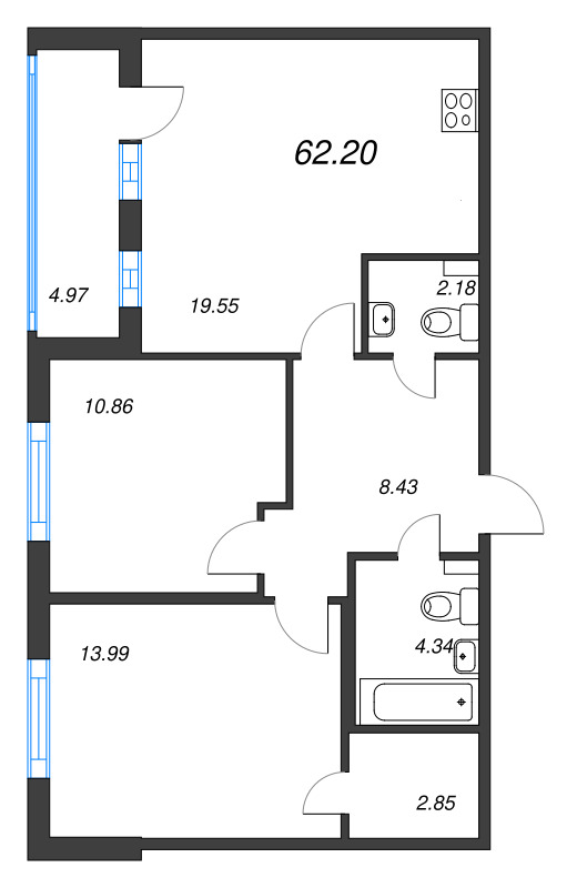 3-комнатная (Евро) квартира, 62.2 м² в ЖК "Любоград" - планировка, фото №1