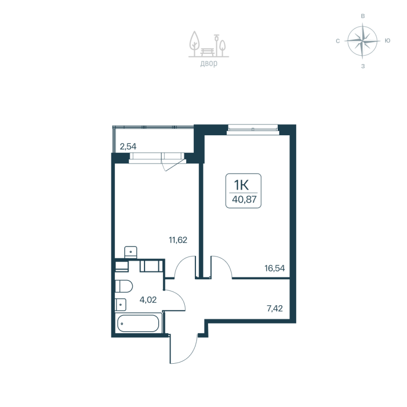 1-комнатная квартира, 40.87 м² в ЖК "Расцветай в Янино" - планировка, фото №1