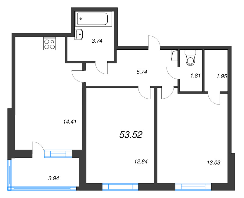 2-комнатная квартира, 53.52 м² в ЖК "Любоград" - планировка, фото №1