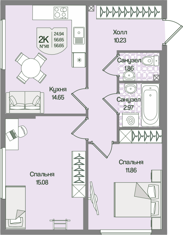 2-комнатная квартира, 56.65 м² в ЖК "Охтинские высоты" - планировка, фото №1
