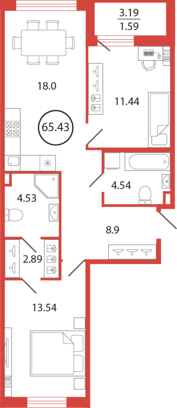 3-комнатная (Евро) квартира, 65.43 м² в ЖК "Энфилд" - планировка, фото №1