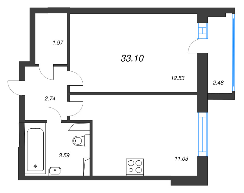 1-комнатная квартира, 33.1 м² - планировка, фото №1