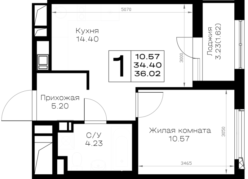 1-комнатная квартира, 36.02 м² в ЖК "Борский" - планировка, фото №1