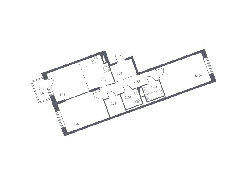 3-комнатная (Евро) квартира, 57.51 м² - планировка, фото №1