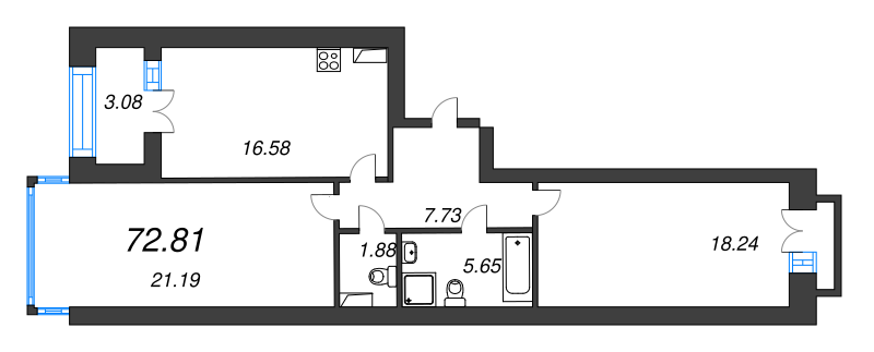 3-комнатная (Евро) квартира, 76.6 м² - планировка, фото №1