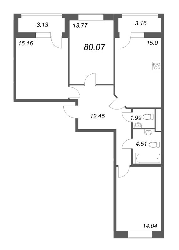 4-комнатная (Евро) квартира, 80.07 м² - планировка, фото №1