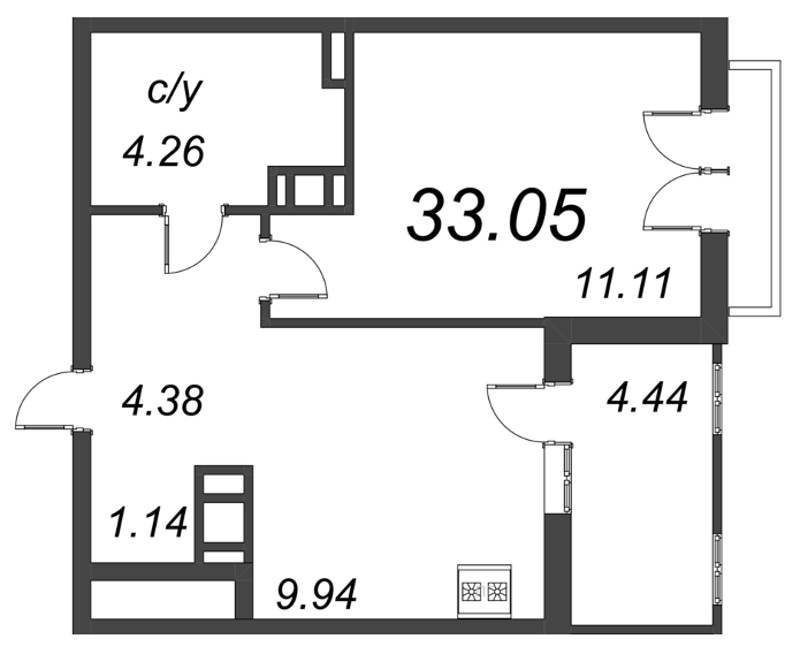 1-комнатная квартира, 35.27 м² - планировка, фото №1