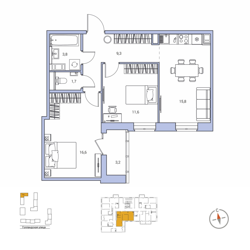 3-комнатная (Евро) квартира, 60.4 м² в ЖК "Янила Форест" - планировка, фото №1