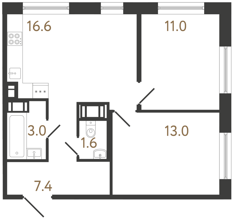 3-комнатная (Евро) квартира, 52.6 м² в ЖК "Передвижники 2" - планировка, фото №1