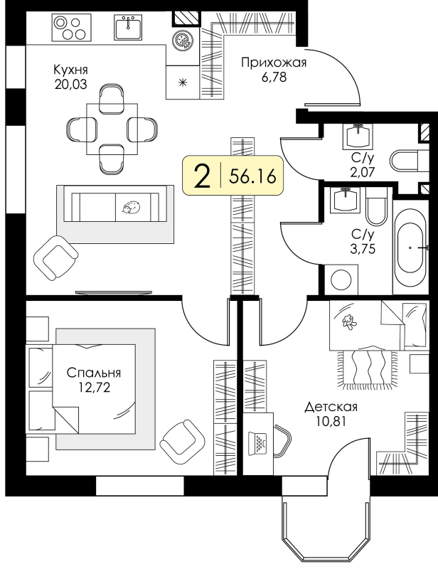 3-комнатная (Евро) квартира, 56.16 м² в ЖК "Всевгород" - планировка, фото №1