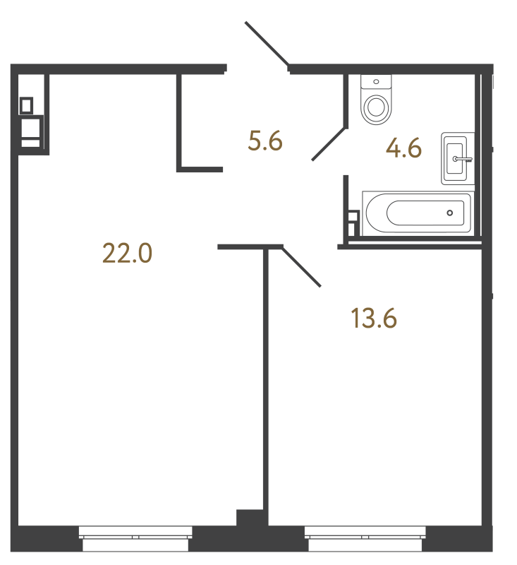 2-комнатная (Евро) квартира, 45.8 м² в ЖК "Репин" - планировка, фото №1